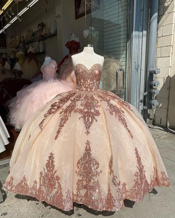 Rose Gold Sequins Applique Quinceanera Dresses Sweetheart Lace-up Corset Ruffles Tiered Princess Ball Gown,DS4607 Rose Gold Sequins Applique Quinceanera Dresses Sweetheart Lace-up Corset Ruffles Tiered Princess Ball Gown,DS4607