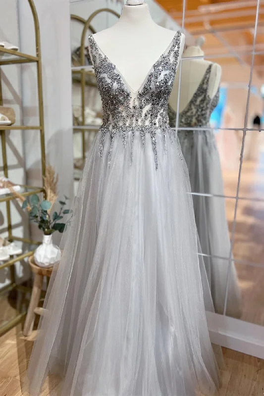 Grey A-line Plunging V Neck Beaded-Embroidered Sleeveless Long Prom Dress