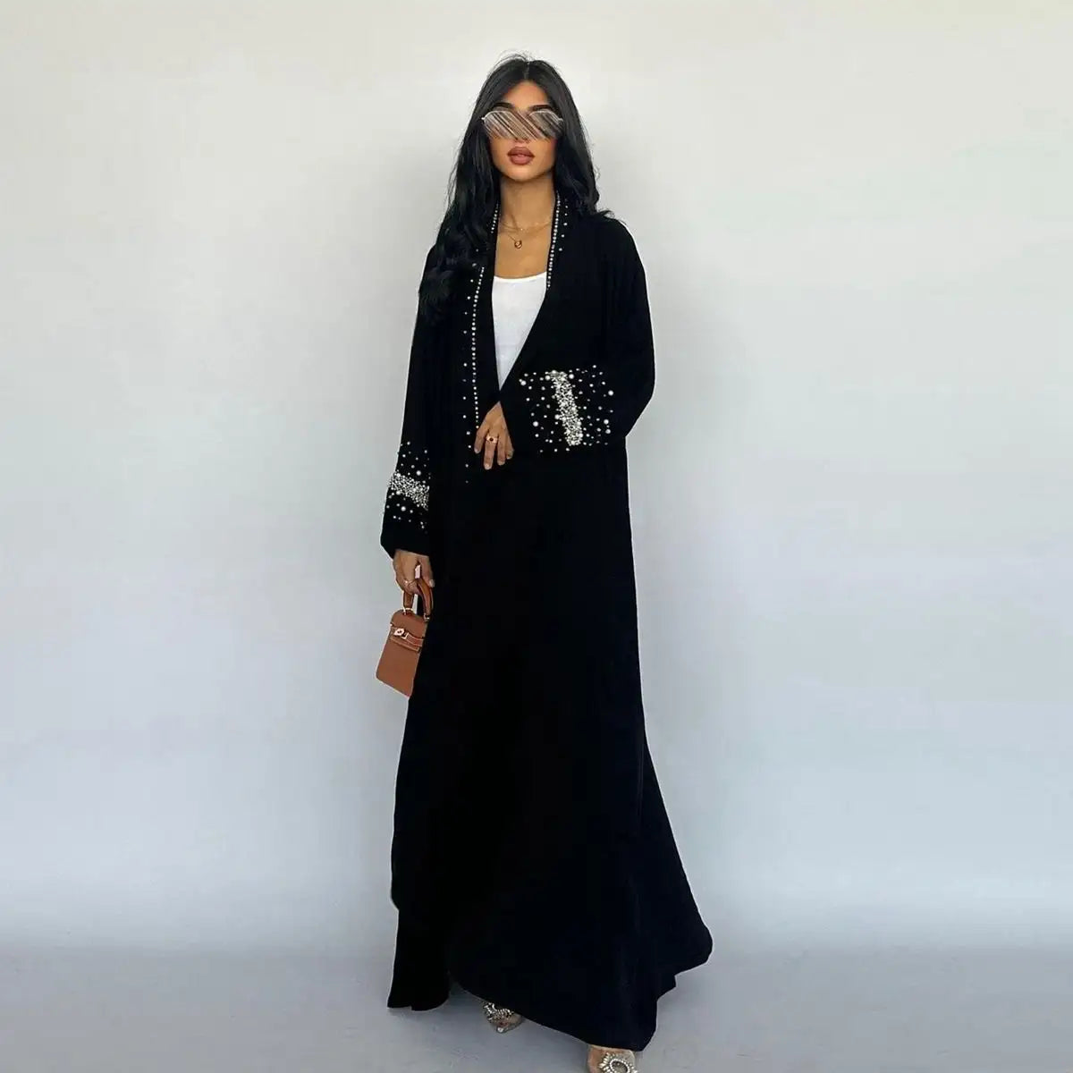 With Hijab Hotfix Rhinestone Beads Cardigan Open Abaya Dress Elegant Classic Vintage
