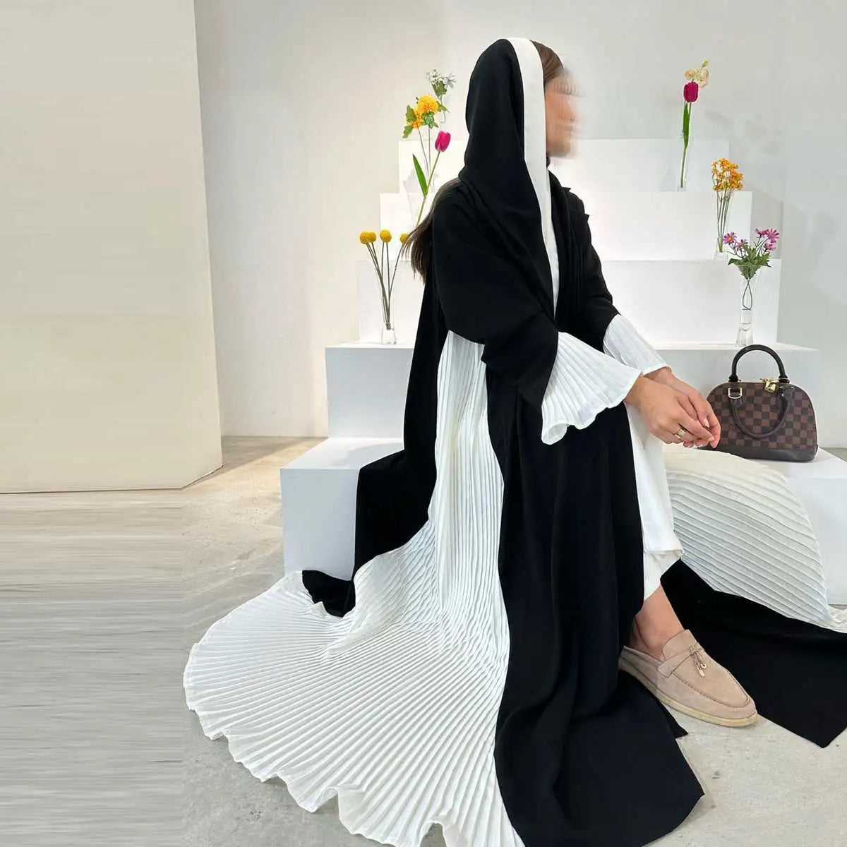 Pleated Muslim Women Cardigan Open Abaya Dress Velvet Chenille Corduroy