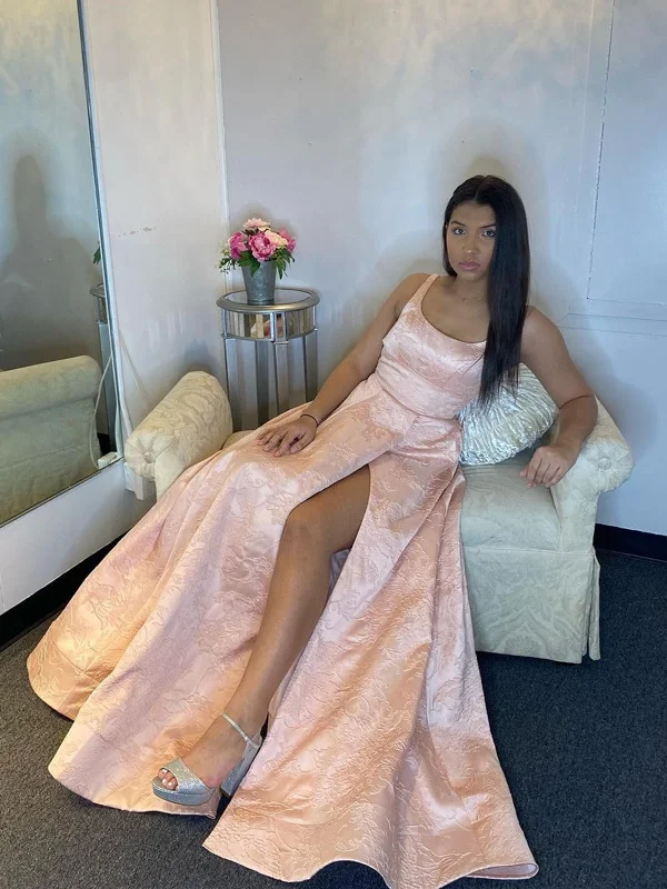 Pink Long Lace Prom Dress with Leg Slit, Pink Long Lace Formal Evening Dresses