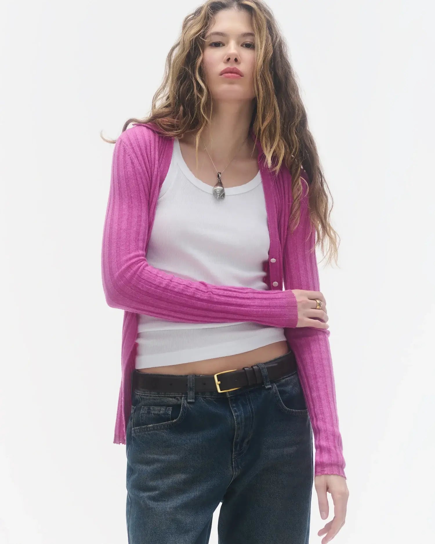 Rib Button Cardigan in Fuschia Tailored Straight A-Line