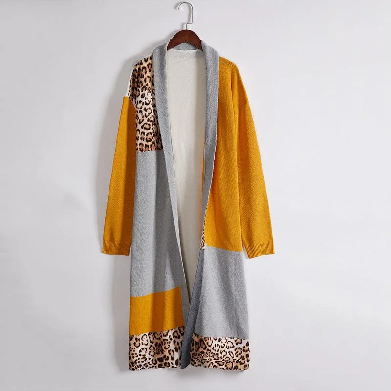 Fashion Women Leopard Casual Knitting Long Cardigan Sweaters Jersey Fabric Tulle Fabric Batik Fabric