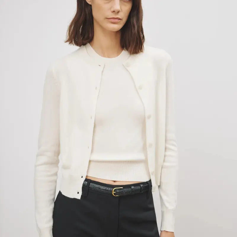 March Cardigan Sweater in Ivory Boat Neck Shawl Collar Notched Collar