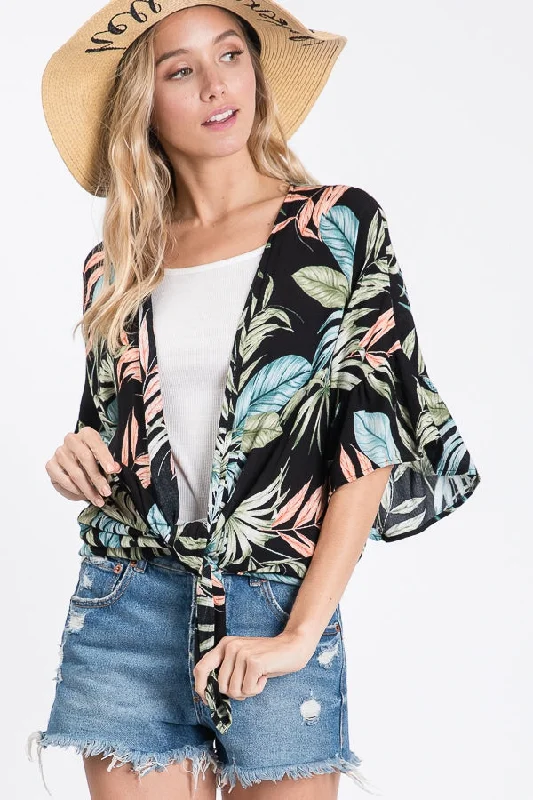 Women's Leaf Print Cardigan Stretchy Elastic Breathable