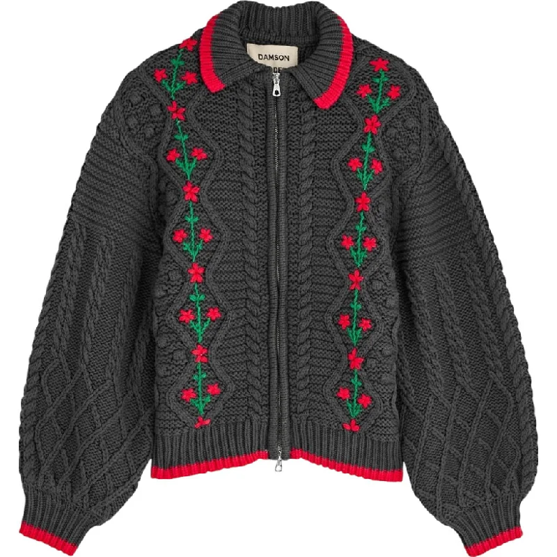 Damson Madder Grey Embroidered Cardigan Elegant Classic Vintage