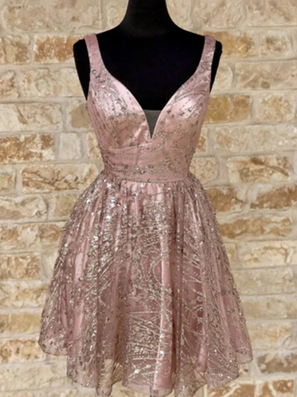 Shiny V Neck Short Champagne Prom Dresses, Short V Neck Champagne Graduation Formal Dresses Shiny V Neck Short Champagne Prom Dresses, Short V Neck Champagne Graduation Formal Dresses