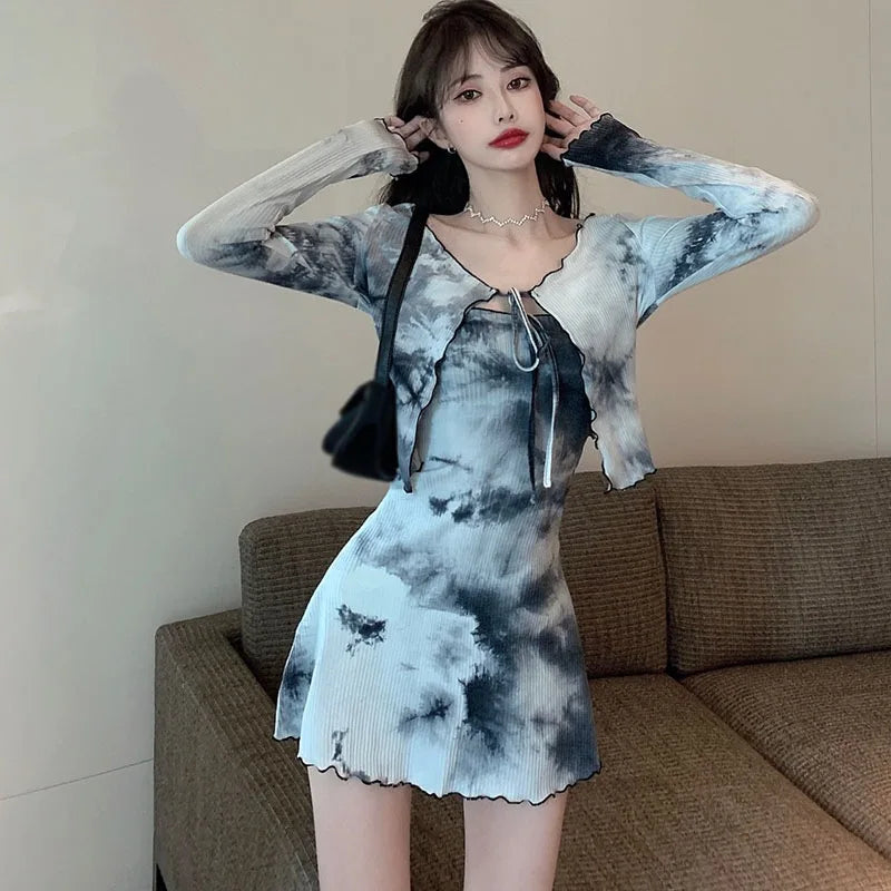 Bonnyshow 2pcs Set Autumn Design Sense Tube Top Dress  Women Fashion Cardigan Top Two-piece Tie-dye Elegant Classic Vintage