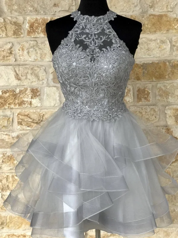 Halter Neck Short Gray Lace Prom Dresses, Short Gray Lace Formal Graduation Dresses