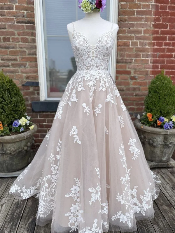 A Line V Neck Champagne Lace Prom Dresses, Champagne Lace Formal Evening Dresses
