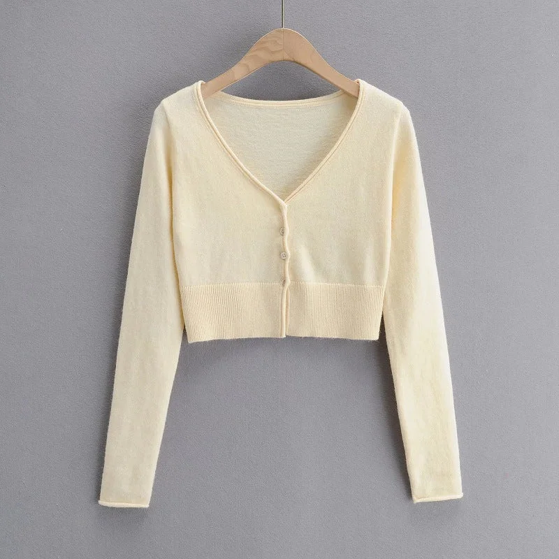 Long Sleeve Knitted Cardigan Bottoming Slim Fit Short Top Lace Blend Ribbed Blend Corduroy Blend