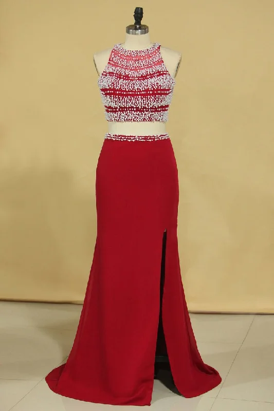 Red Two Pieces Column Scoop Prom Dresses Burgundy Chiffon & Tulle With Beads And Pearls Red Two Pieces Column Scoop Prom Dresses Burgundy Chiffon & Tulle With Beads And Pearls