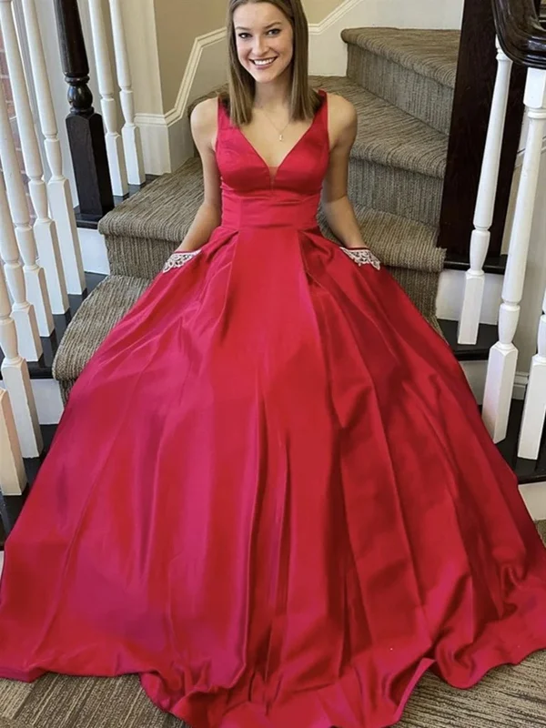 A Line V Neck Red Satin Long Prom Dresses, Red Satin V Neck Long Formal Evening Dresses A Line V Neck Red Satin Long Prom Dresses, Red Satin V Neck Long Formal Evening Dresses