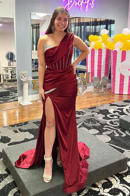 Burgundy One Shoulder Boning Beaded Satin Long Prom Dress with Slit