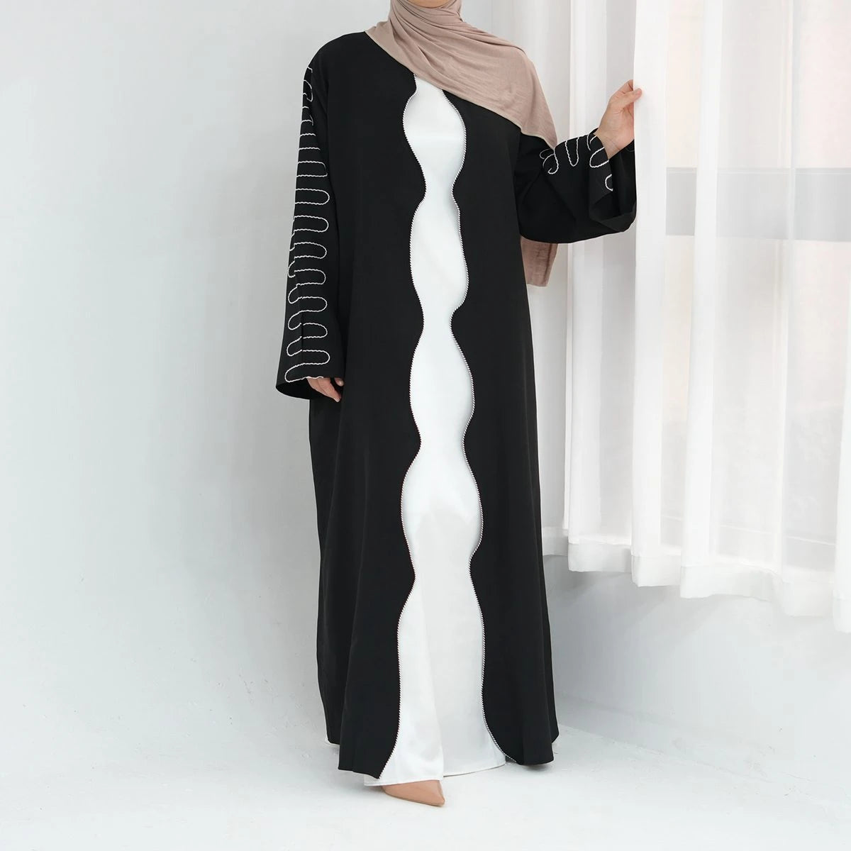 Embroidery Sleeve Nida Cardigan Open Abaya Dress #24887 Hooded Caped Shawl Collar
