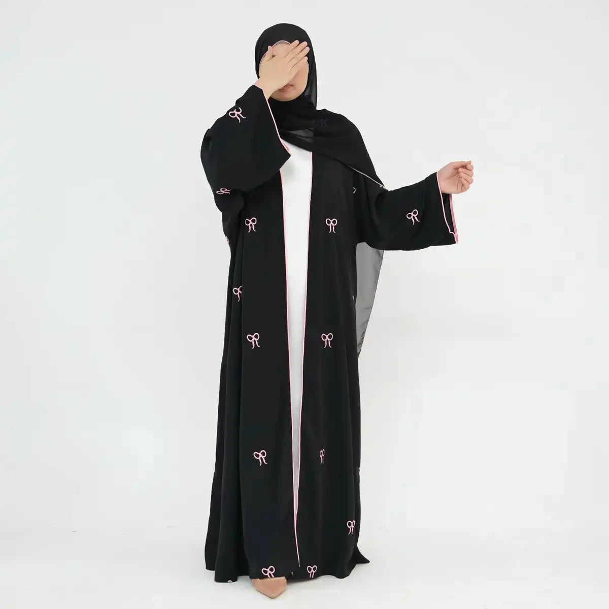 Bow Embroidery Nida Cardigan Open Abaya Dress #24910 Notch Collar Peter Pan Collar Cowl Neck