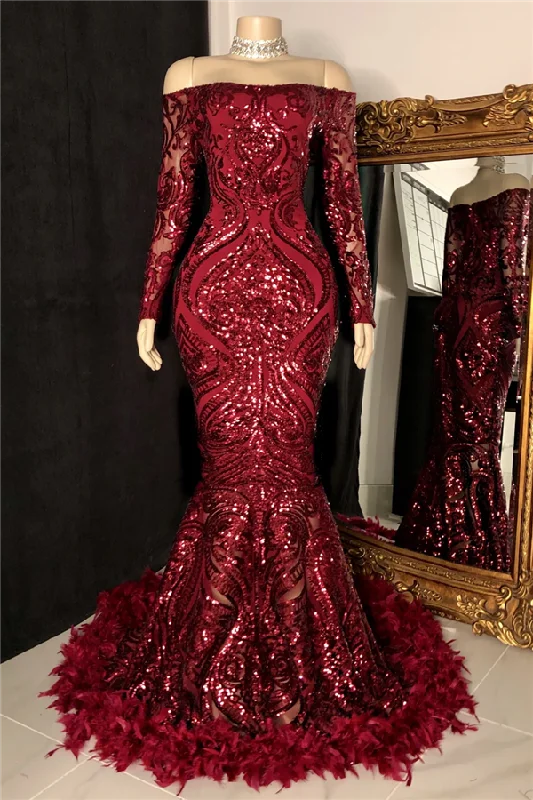Gorgeous Burgundy Long Sleeves Sequins Prom Dress Mermaid Party Gowns With Feather,DS4671 Gorgeous Burgundy Long Sleeves Sequins Prom Dress Mermaid Party Gowns With Feather,DS4671