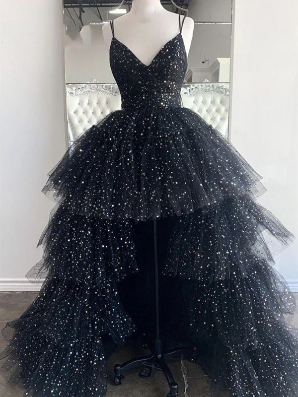 Black V Neck High Low Tulle Prom Dress, High Low Black Tulle Formal Evening Dresses