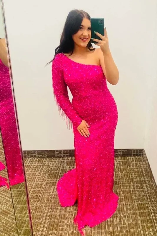 One Sleeve Neon Pinl Sequin Mermaid Tassel Long Prom Dress