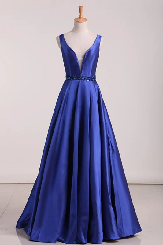 Satin Prom Dresses Straps Beaded Waistline A Line Floor Length