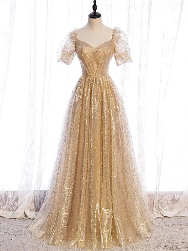 Short Sleeves V Neck Gold Tulle Long Prom Dresses, Gold Tulle Long Formal Evening Dresses Short Sleeves V Neck Gold Tulle Long Prom Dresses, Gold Tulle Long Formal Evening Dresses