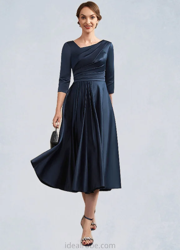 Quintina A-Line V-neck Tea-Length Satin Mother of the Bride Dress With Ruffle STK126P0014883 Quintina A-Line V-neck Tea-Length Satin Mother of the Bride Dress With Ruffle STK126P0014883