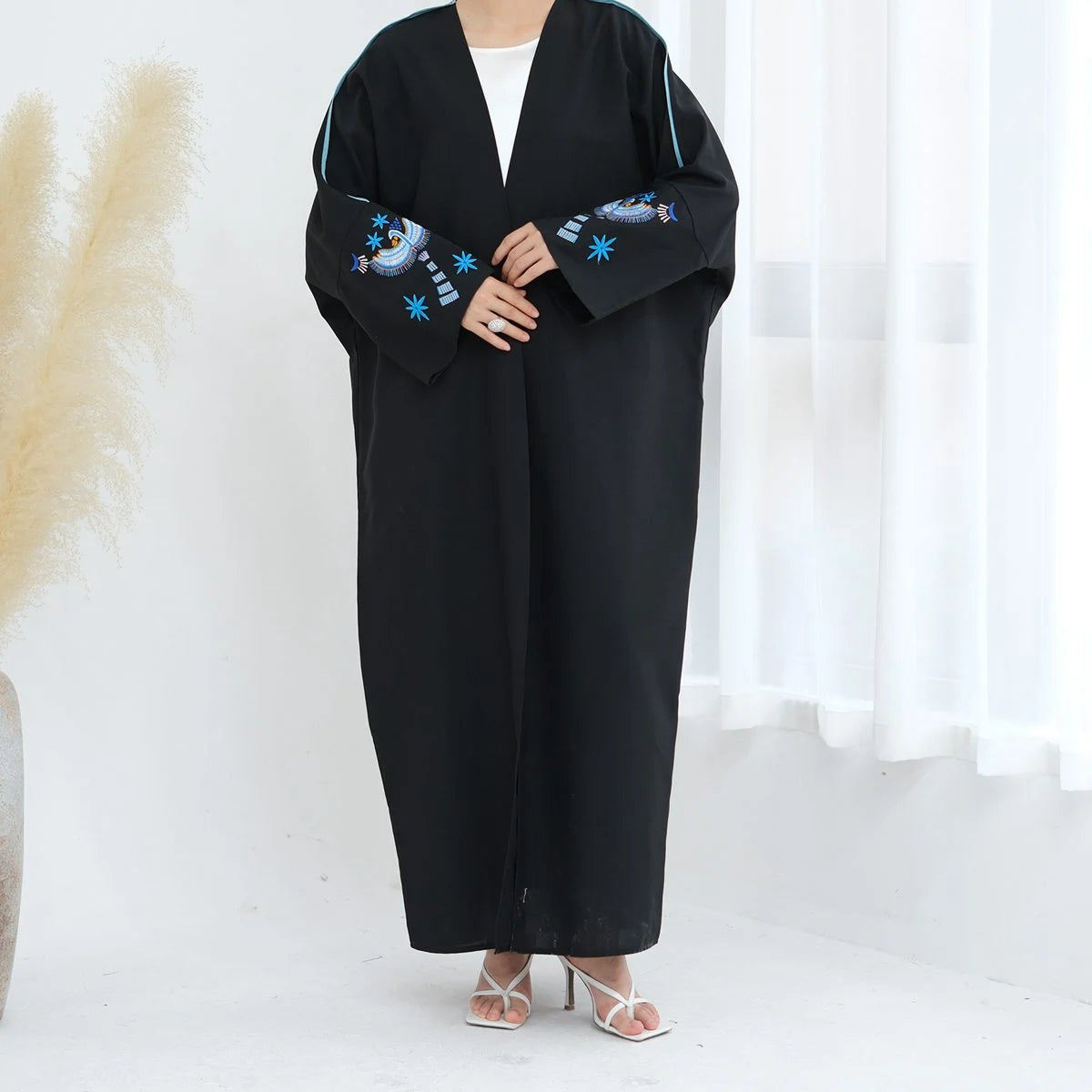 Beautiful Embroidery Cardigan Open Abaya Dress #24876 Striped Floral Plaid
