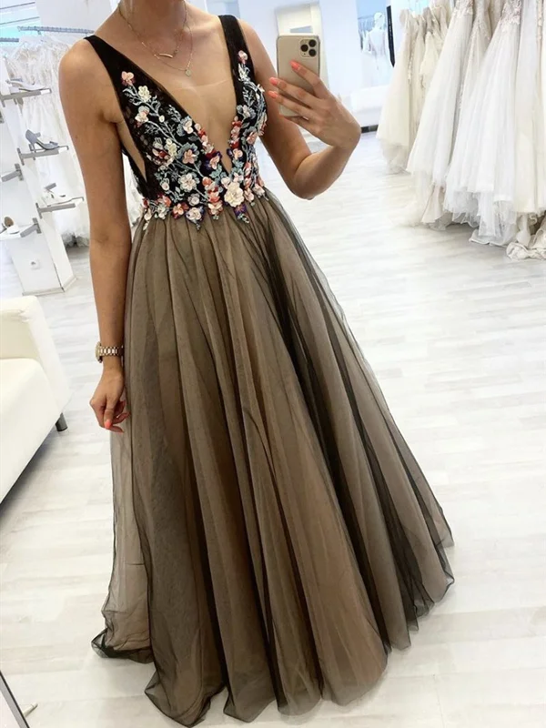 Black V Neck Floral Long Prom Dresses, Floral Long Formal Evening Dresses