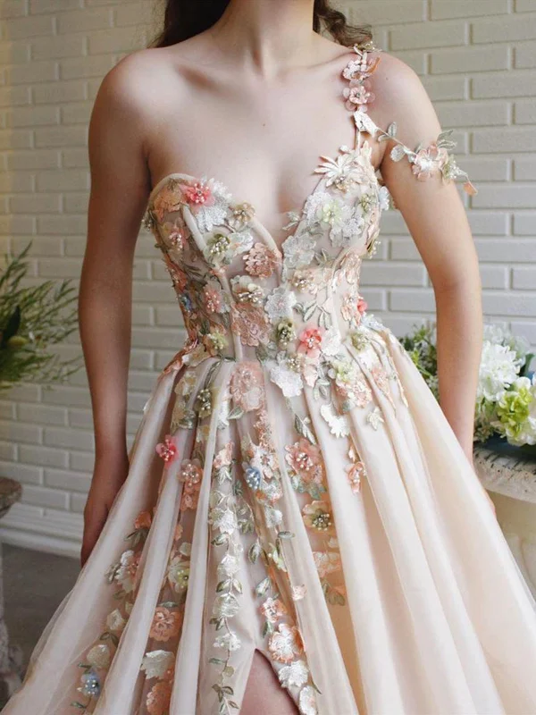 Elegant One Shoulder Champagne Prom Dresses with Flower, One Shoulder Champagne Floral Formal Evening Dresses Elegant One Shoulder Champagne Prom Dresses with Flower, One Shoulder Champagne Floral Formal Evening Dresses