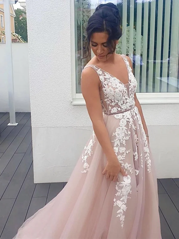 V Neck Champagne Tulle Lace Long Prom Dresses, Champagne Lace Formal Evening Dresses V Neck Champagne Tulle Lace Long Prom Dresses, Champagne Lace Formal Evening Dresses