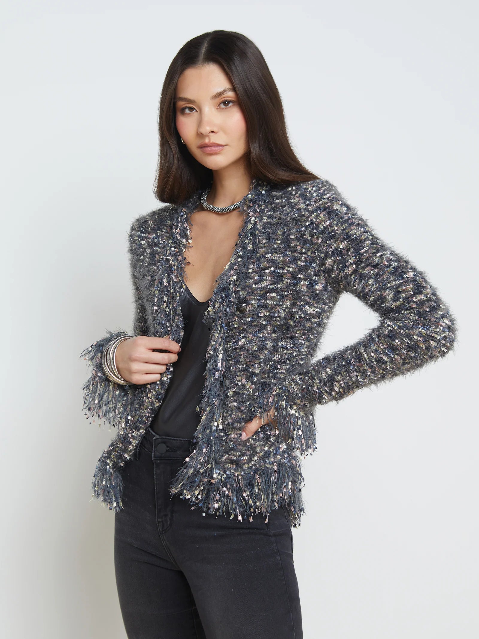 Azure Cardigan Blazer Grey Multi - L'AGENCE Velvet Chenille Corduroy