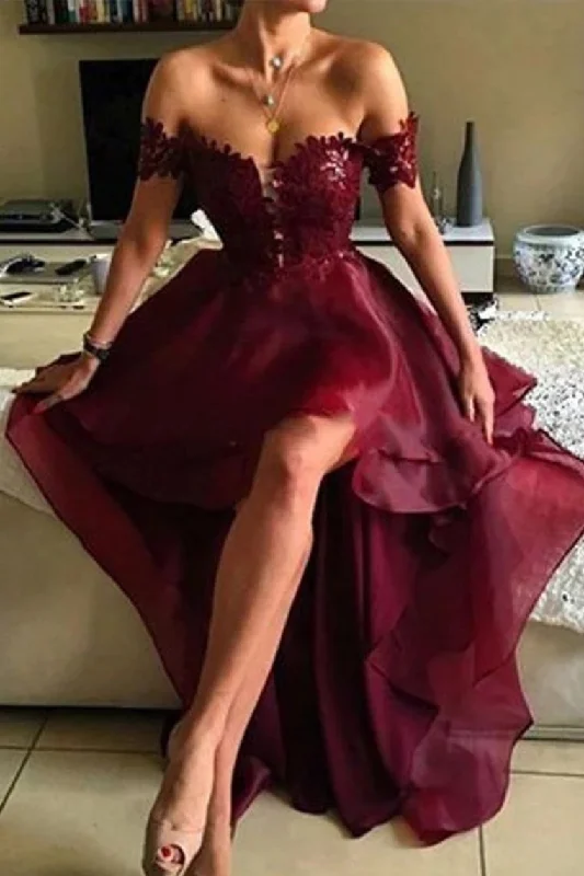 Red A-Line Sleeveless Off-The-Shoulder Asymmetrical Applique Organza Evening Dresses Red A-Line Sleeveless Off-The-Shoulder Asymmetrical Applique Organza Evening Dresses