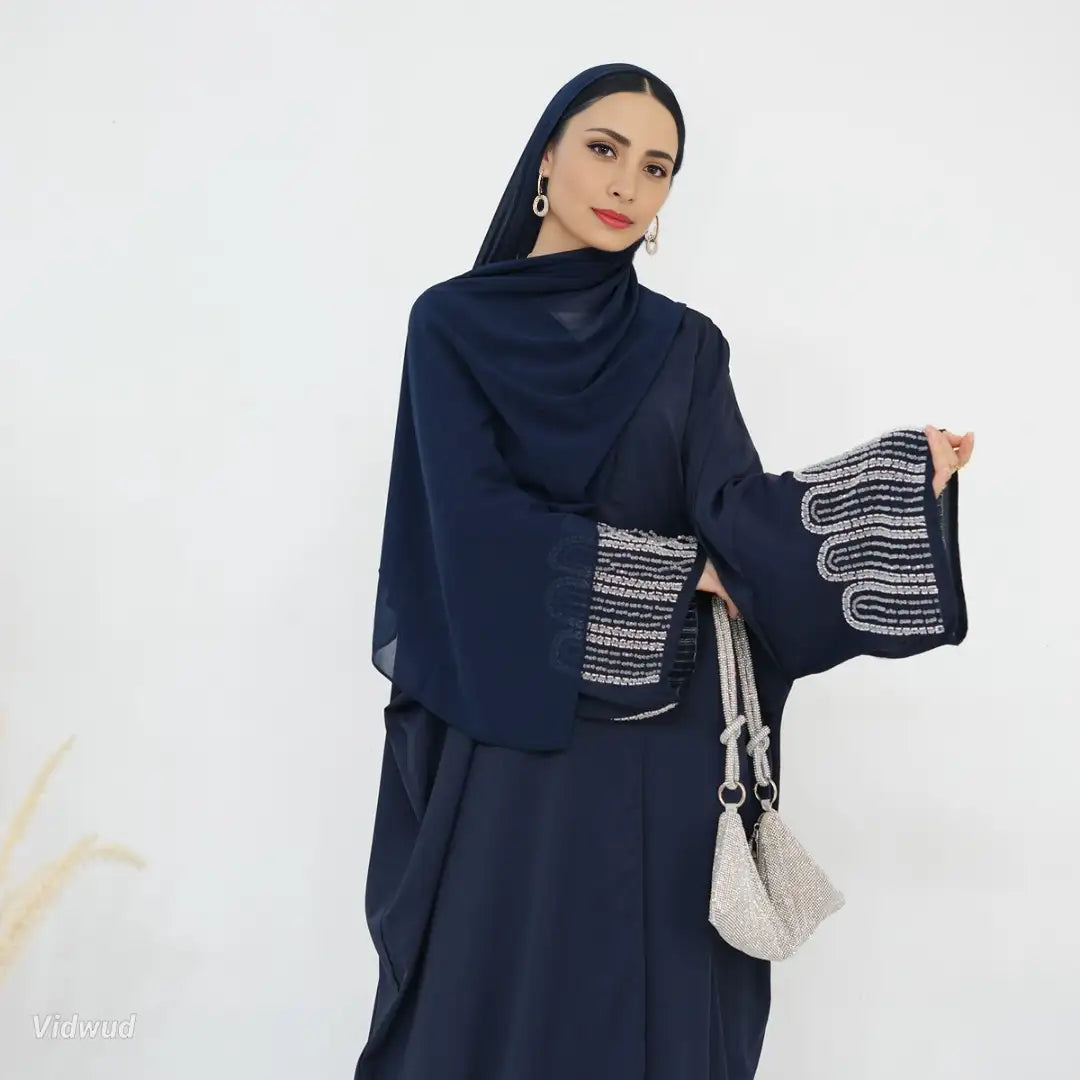 Beads Cuff Nida Cardigan Open Abaya Dress Mesh Fabric Canvas Fabric Denim Fabric