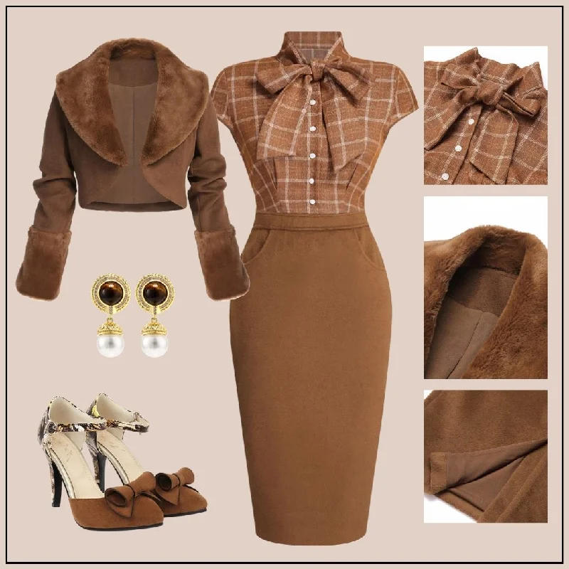 2PCS Brown Bolero Jacket & Plaid Pencil Dress A-Line Jacket Boat Neck Shawl Collar