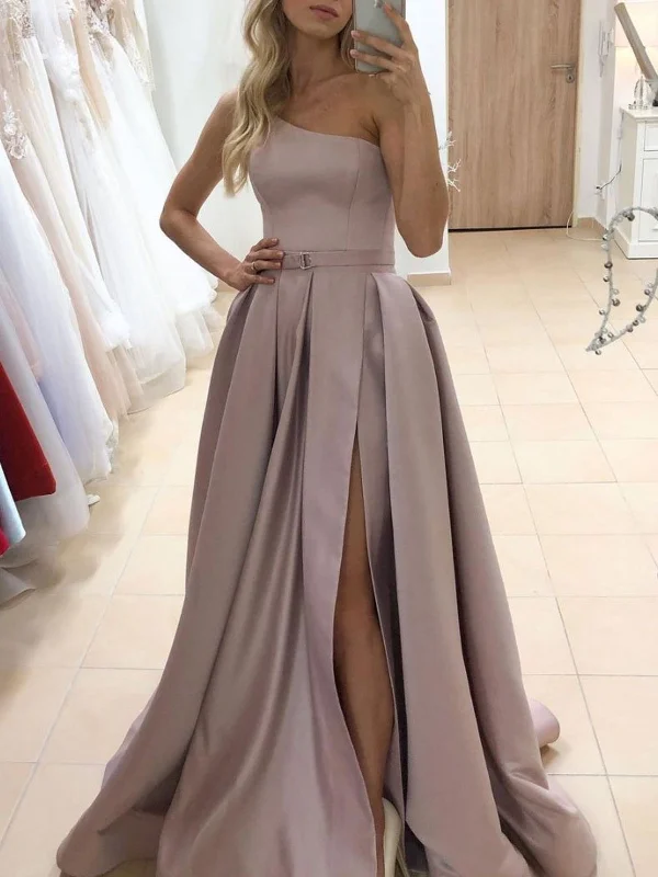One Shoulder Champagne Long Prom Dresses, Champagne Satin Long Formal Evening Dresses One Shoulder Champagne Long Prom Dresses, Champagne Satin Long Formal Evening Dresses