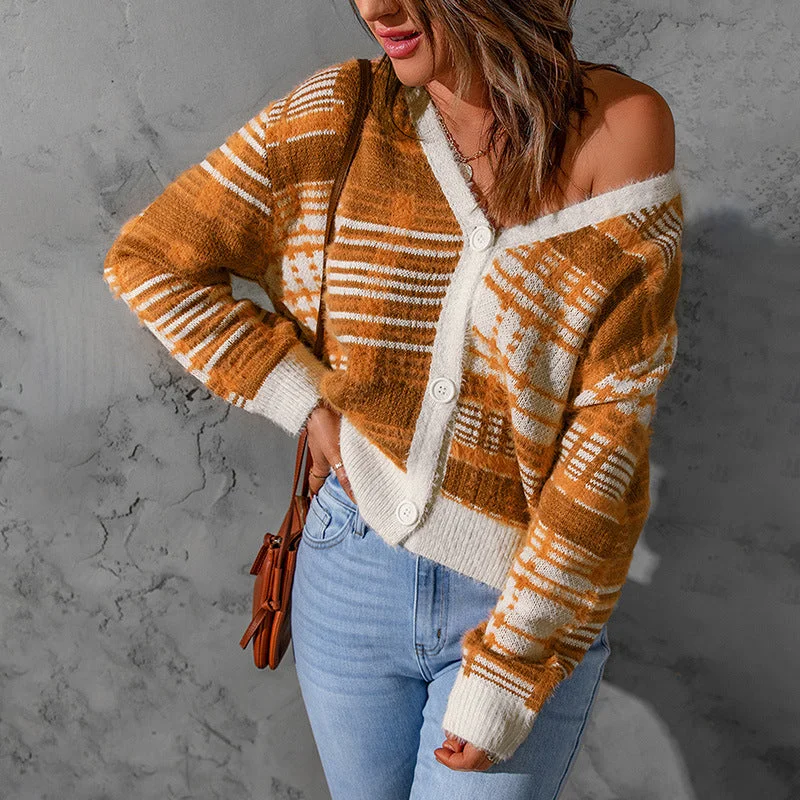 Orange Women Knitting Cardigan Sweaters Glossy Satin Silk