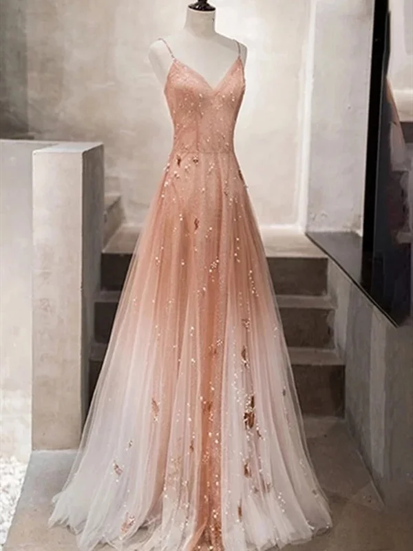 Spaghetti Straps Champagne Tulle Long Beaded Prom Dresses, A Line V Neck Champagne Formal Evening Dresses Spaghetti Straps Champagne Tulle Long Beaded Prom Dresses, A Line V Neck Champagne Formal Evening Dresses