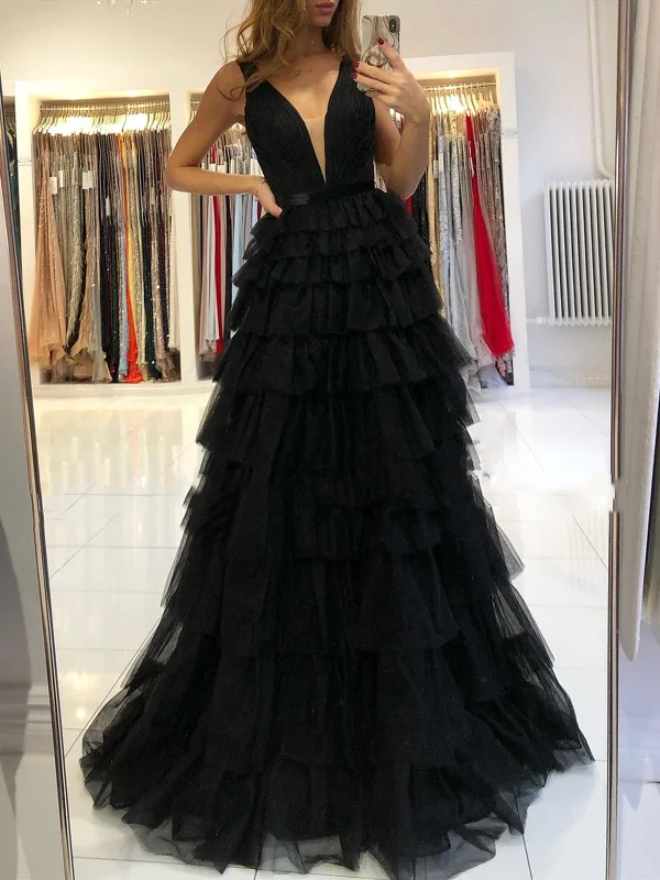 A Line V Neck Black Red Tulle Long Prom Dresses, Black Red Long Formal Evening Dresses A Line V Neck Black Red Tulle Long Prom Dresses, Black Red Long Formal Evening Dresses