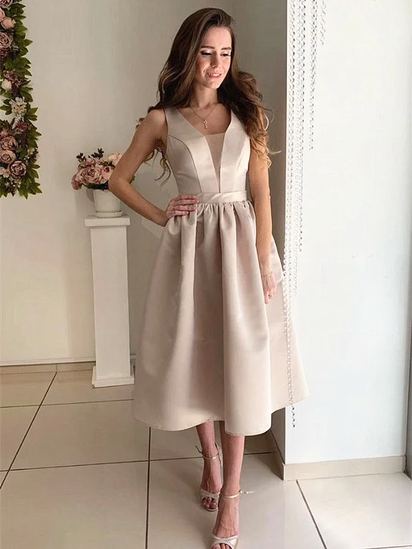 A Line V Neck Tea Length Champagne Satin Prom Dresses, Champagne Tea Length Formal Graduation Dresses