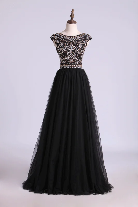 Scoop A-Line Prom Dress Floor-Length Full Beaded Bodice Champagne Tulle