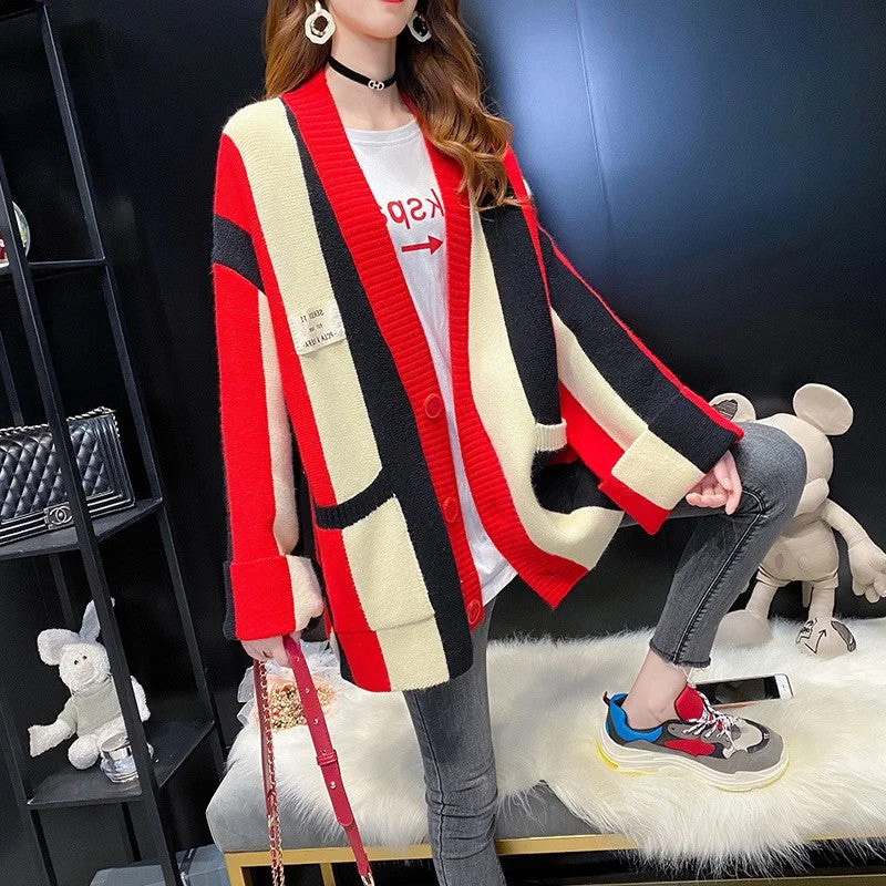 Casual Striped Knitting Cardigan Sweaters Ribbed Striped Patterned