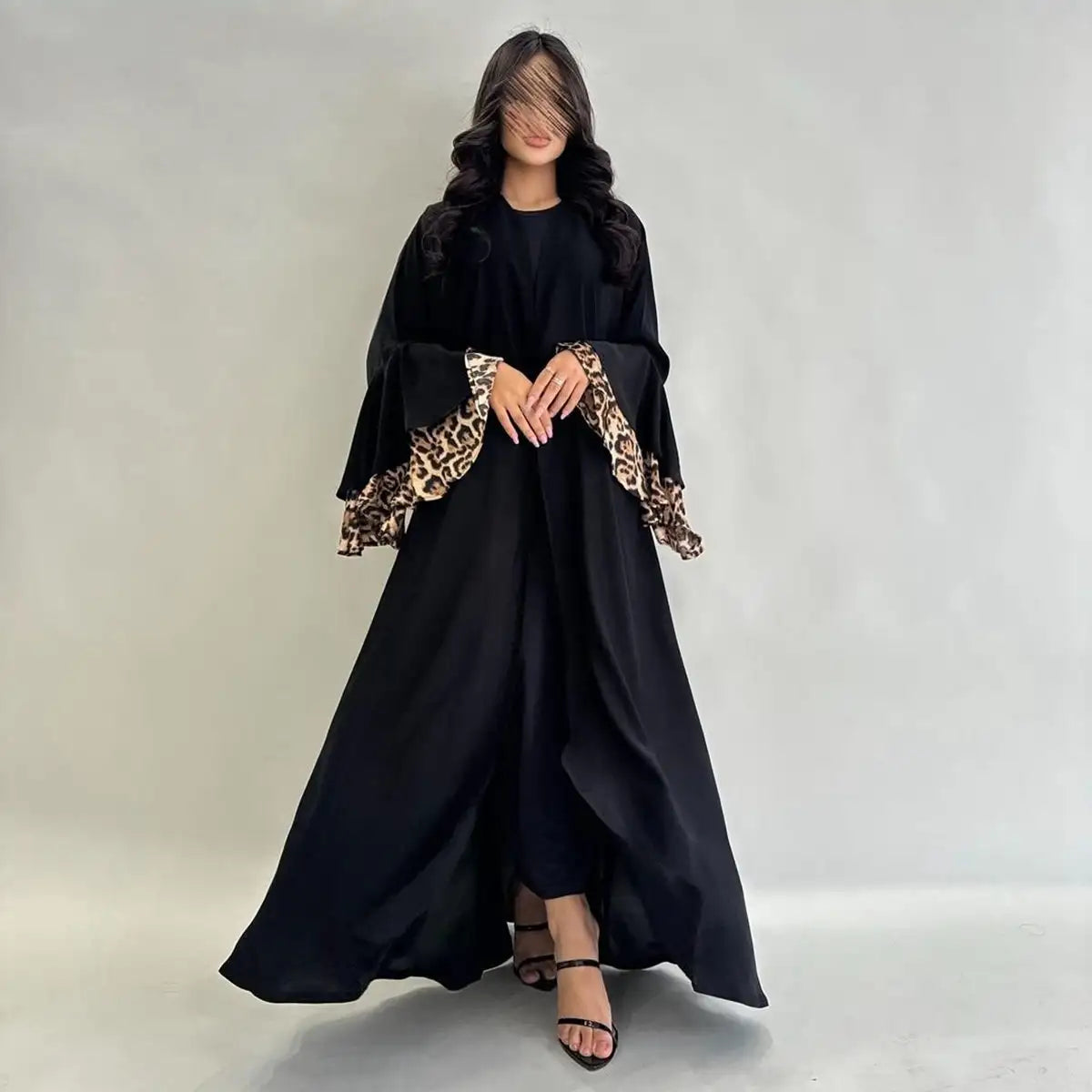 Leopard Print Cuff Cardigan Open Abaya Dress Cable Knit Ribbed Knit Lace Knit