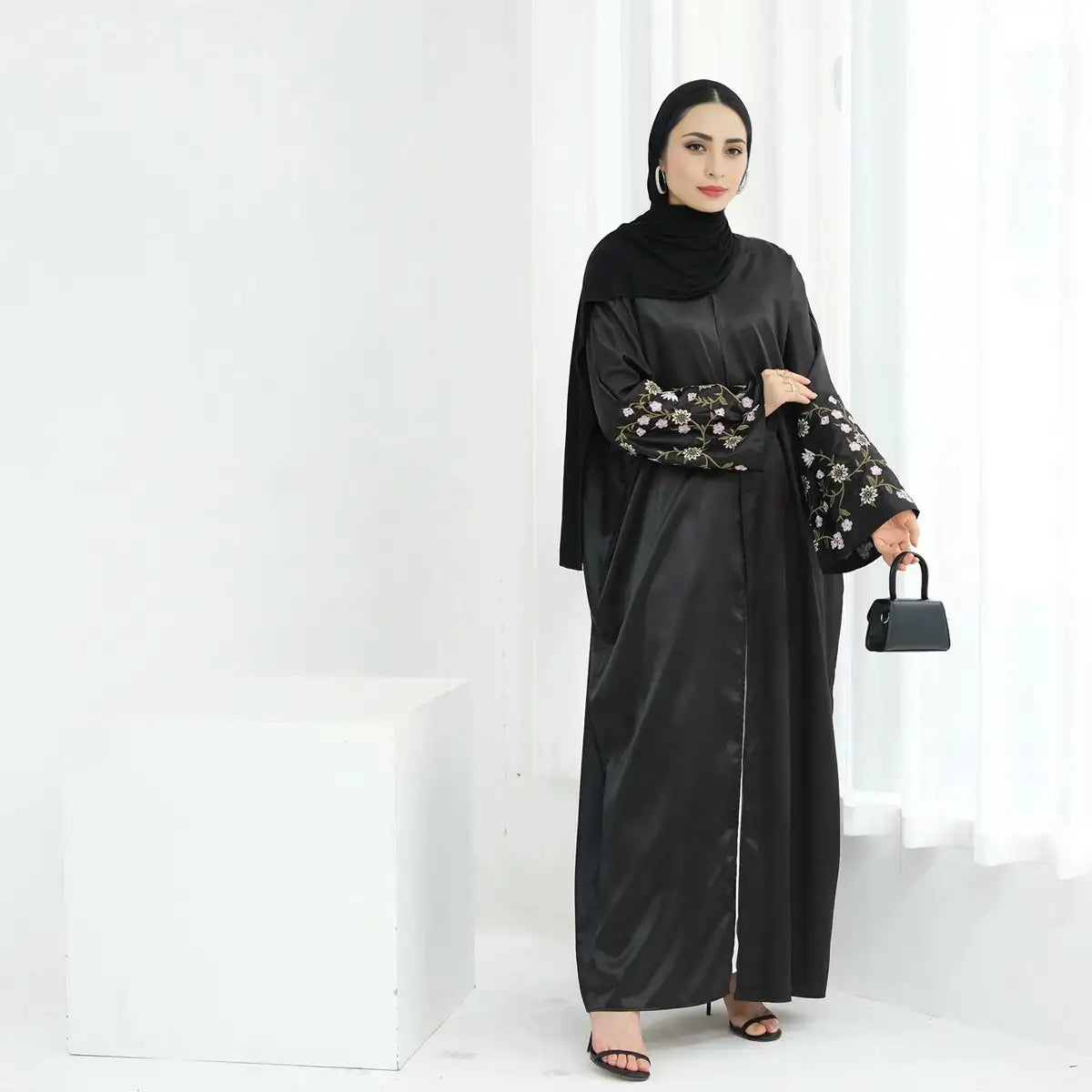 Floral Embroidery Cuff Satin Cardigan Open Abaya Dress Open Front Closed Front Wrap Front
