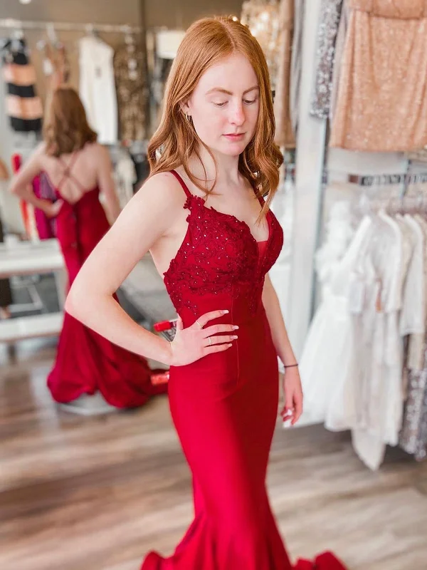 Red Mermaid Lace Prom Dresses, Red Mermaid Lace Formal Evening Dresses