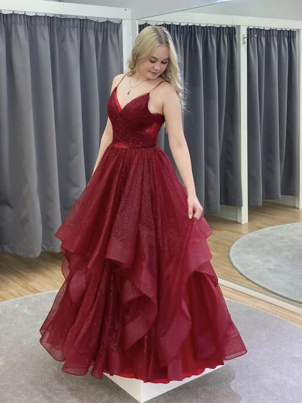 Shiny A Line V Neck Burgundy Tulle Prom Dresses, Wine Red Tulle Long Formal Evening Dresses Shiny A Line V Neck Burgundy Tulle Prom Dresses, Wine Red Tulle Long Formal Evening Dresses