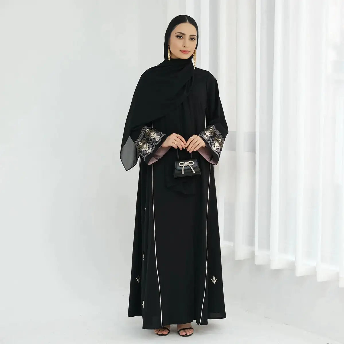 Embroidered Dubai Cardigan Open Abaya Dress Mesh Cardigan Canvas Denim
