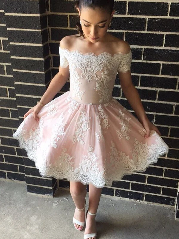 Off the Shoulder Short Pink Lace Prom Dresses, Short Pink Lace Formal Evening Dresses Off the Shoulder Short Pink Lace Prom Dresses, Short Pink Lace Formal Evening Dresses