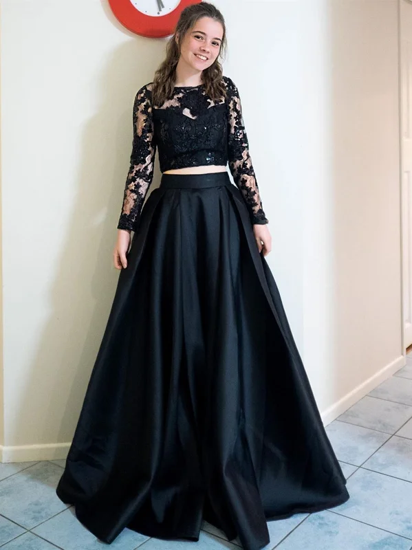 Round Neck Long Sleeves Two Pieces Black Lace Prom Dresses, 2 Pieces Black Lace Formal Evening Dresses Round Neck Long Sleeves Two Pieces Black Lace Prom Dresses, 2 Pieces Black Lace Formal Evening Dresses