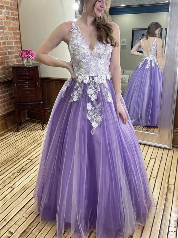 Purple V Neck Lace Floral Prom Dresses, 3D Flower Purple Lace Formal Evening Dresses Purple V Neck Lace Floral Prom Dresses, 3D Flower Purple Lace Formal Evening Dresses