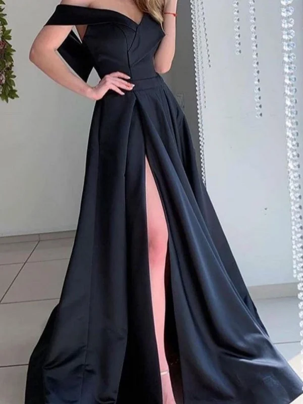 Off the Shoulder Black Satin Long Prom Dresses, Black Off Shoulder Long Formal Evening Dresses